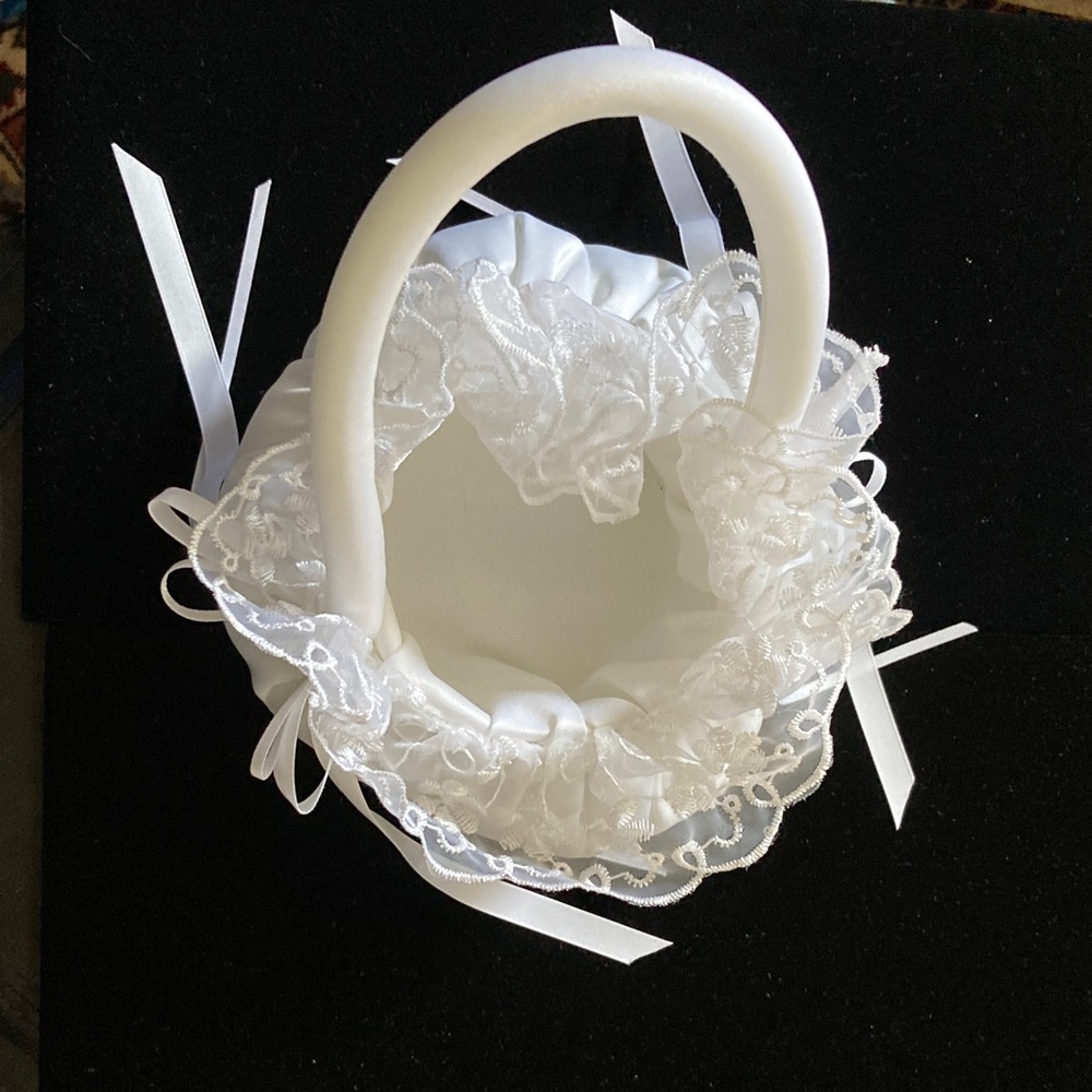 White Lace & Satin Flower Girl Basket with Ribbon trim